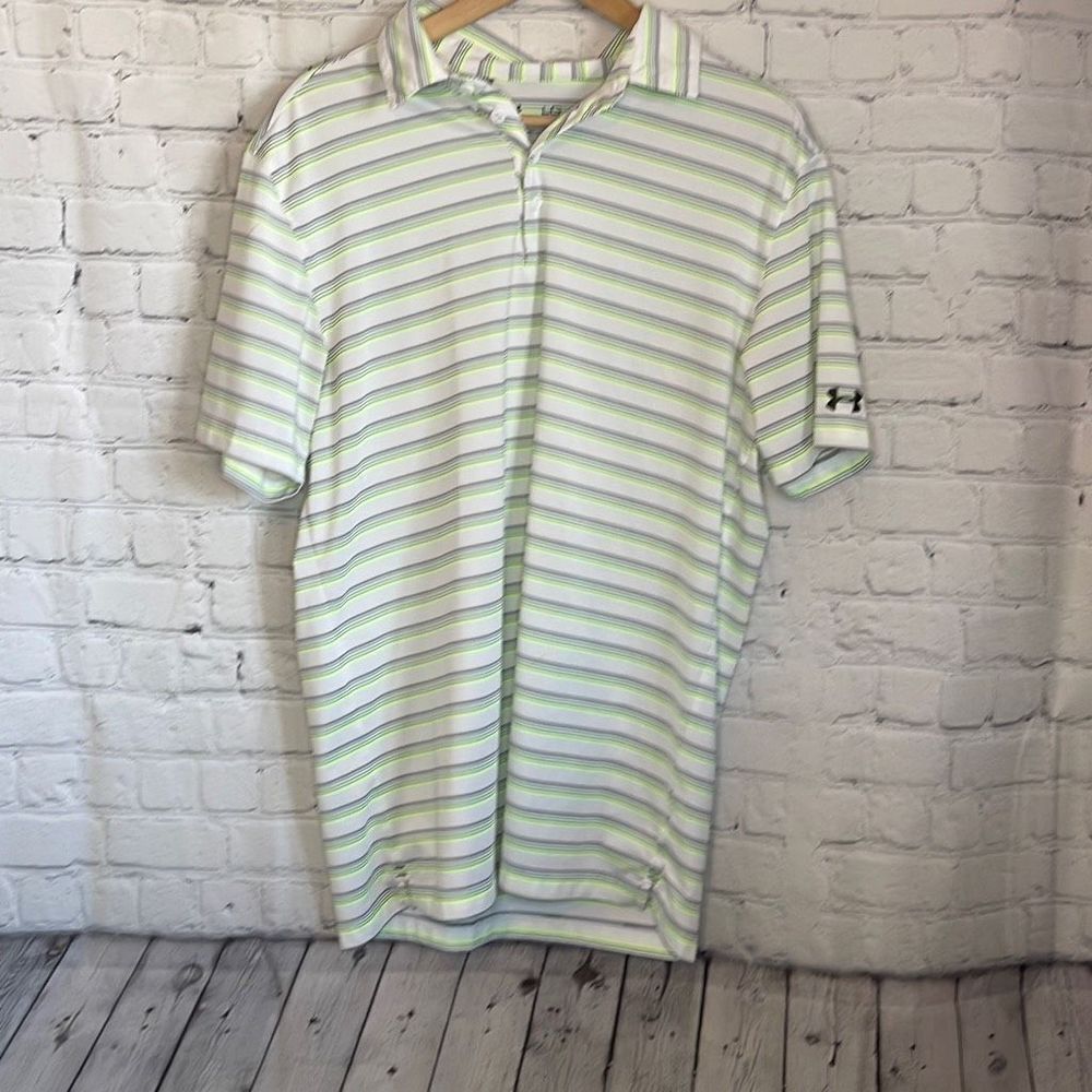 Under Armour White Polo with Light Green and Gray Stripes